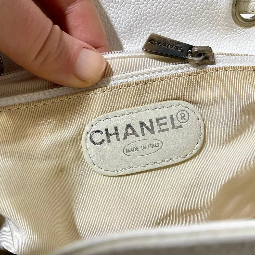 Chanel CC Caviar Leather Vintage Large White Backpack Travel Bag Carryall 90's